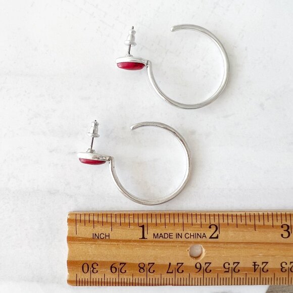 Lucky Brand Silver Tone Red Stone Hoop Earrings - Picture 3 of 3